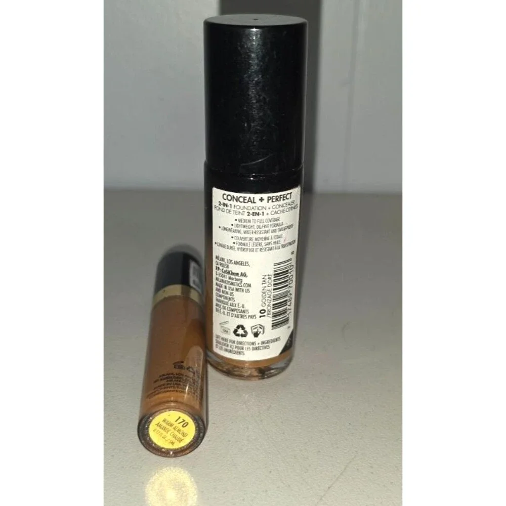 Milani Conceal Perfect Lot of 2 Foundation 10 Golden tan Concealer Warm Almond